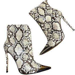 PrettyLittleThing Snakeskin Point Toe Short Boots with Heels Metal Toe Gray